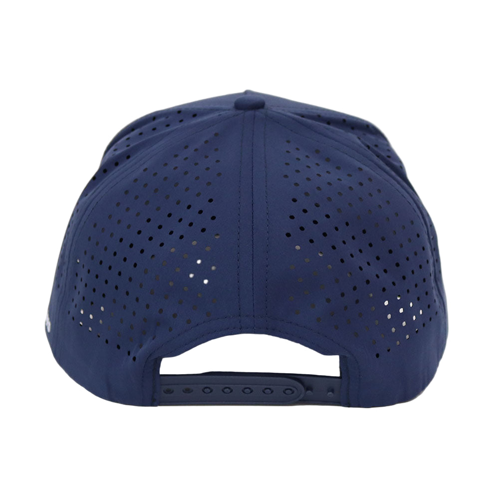 Navy blue cap with perforated design on a white background