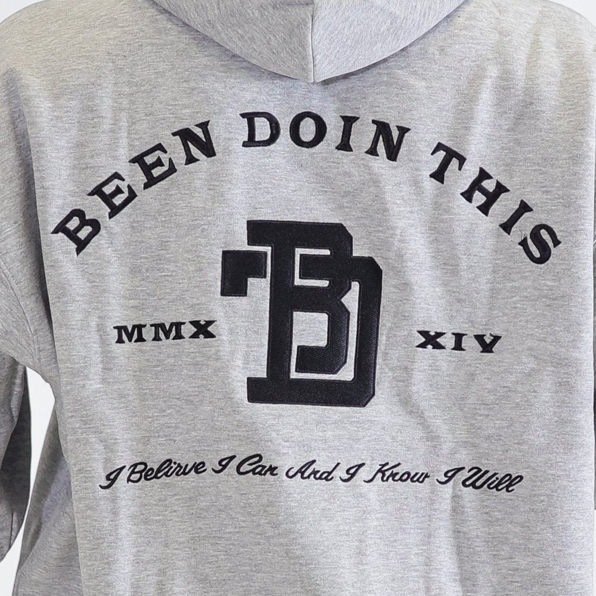 BDT // EMBROIDERED "I BELIEVE" HOODIE GREY