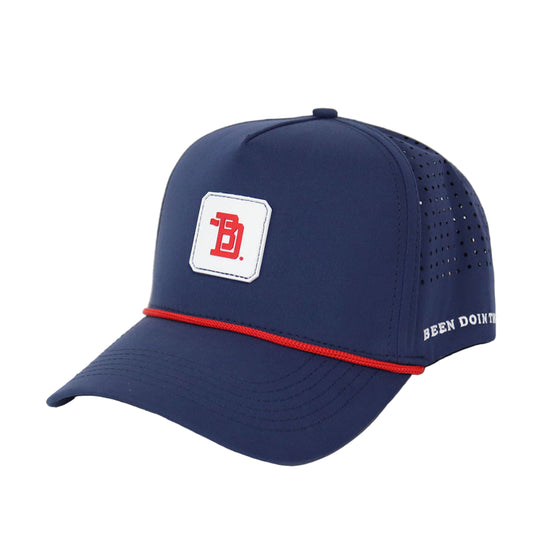 Blue baseball cap with a logo and text on a white background