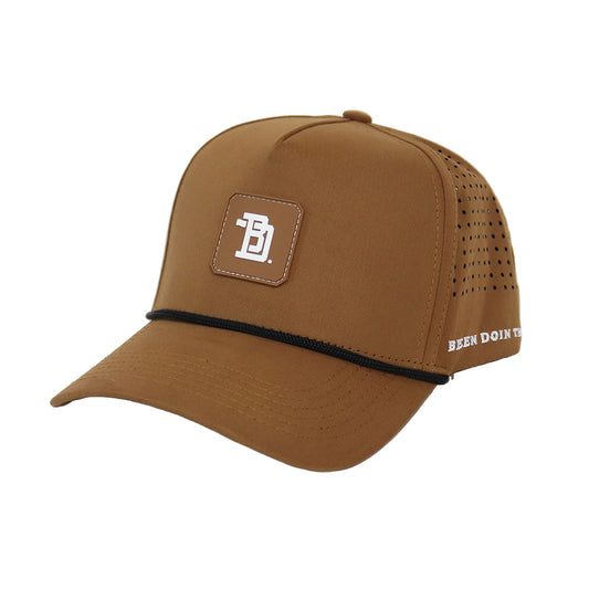 Brown baseball cap with a logo and text on a white background. Water proof golf hat. Been doin this.